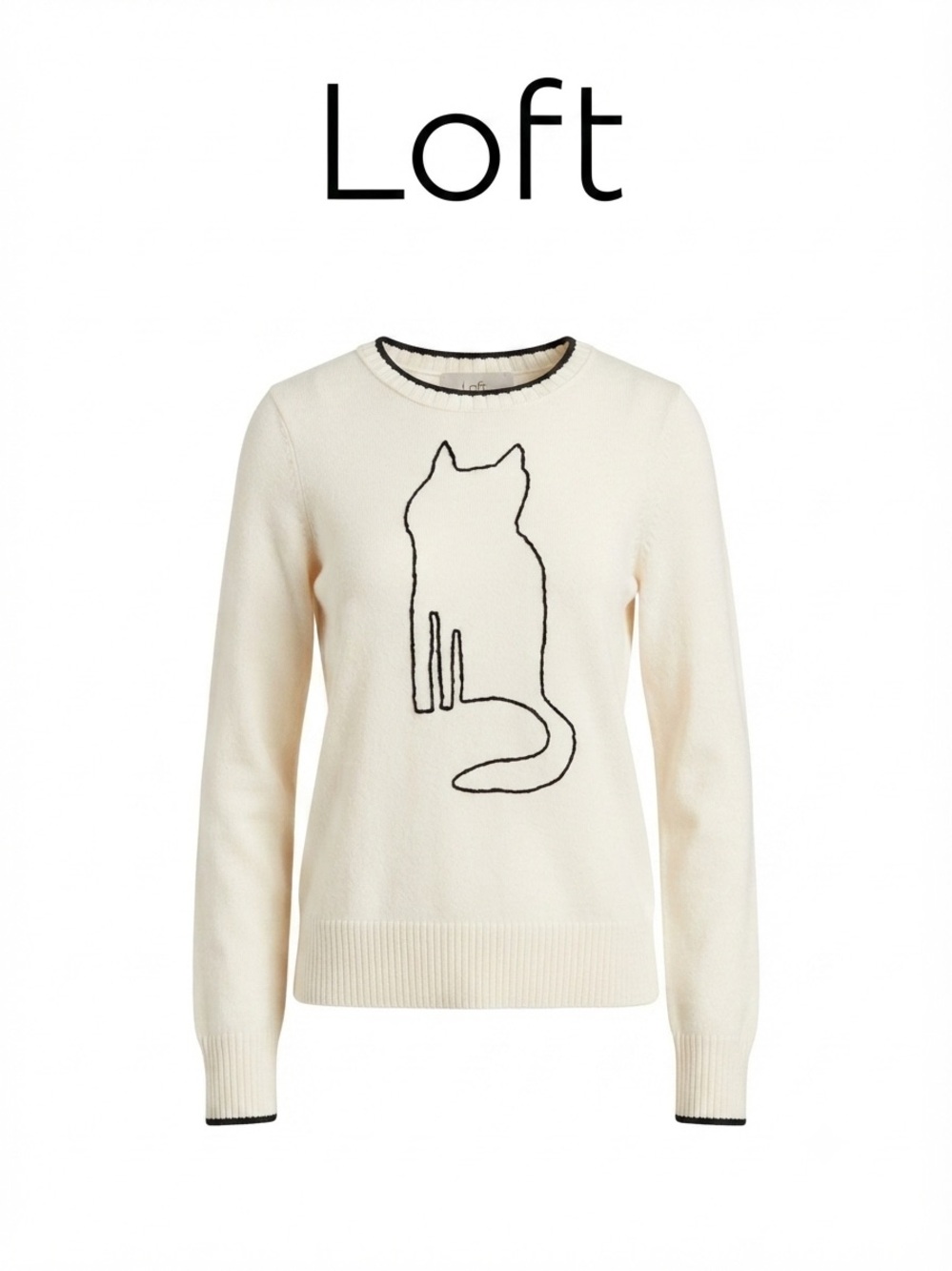 Loft Women's Cream Cat Graphic Sweater Size S 0187